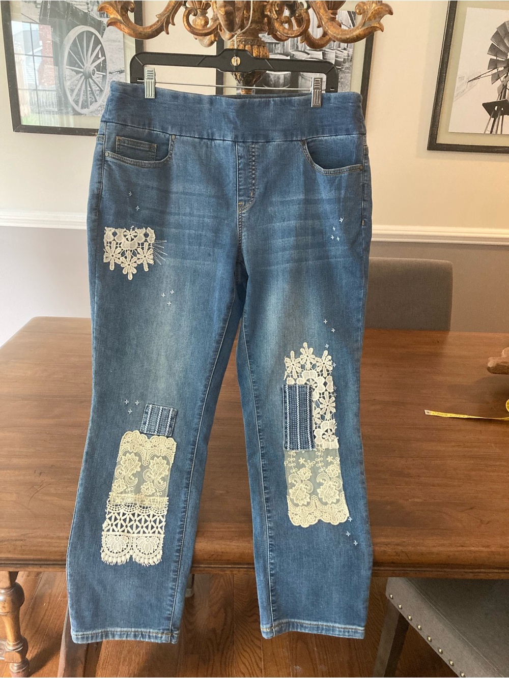 Coldwater Creek Blue Straight-Leg Jeans with Cream Lace Patches